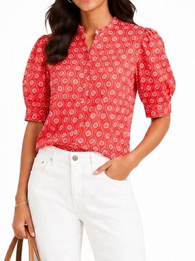 LOFT Geo Puff Sleeve Blouse – Roast Tomato | Size S | NWT